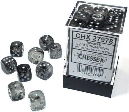 Chessex Dice. Borealis Light Smoke/silver Luminary 16mm d6 Dice Block (12 dice)